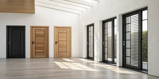 A stylish safety gate with black and wood finishes installed in a narrow doorway.