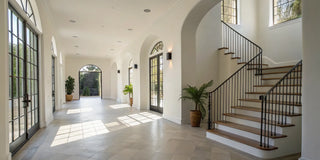 A wide staircase in a modern home requiring a safety gate with an extension.