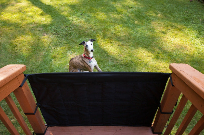 Indoor-Outdoor safety gate keeps dogs off decks. 