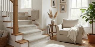 A bright, carefully styled home stairway with neutral decor and a clear landing