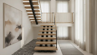 Neutral fabric safety gate installed at the top of a modern staircase