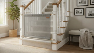 Fabric baby gate for banisters on a home staircase