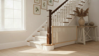 Neutral fabric baby gate installed at the bottom of an elegant staircase