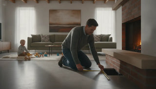Parent measuring a fireplace hearth in a bright modern living room