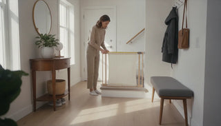 Parent measuring a fabric safety gate in a small apartment