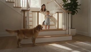 Fabric safety gate at a staircase with a dog and toddler nearby
