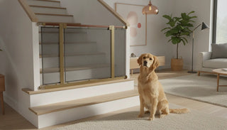 A stylish fabric pet gate for large dogs installed at the top of stairs in a modern home