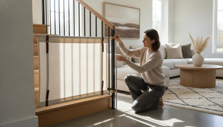 Premium cloth baby gate installed across a modern staircase opening