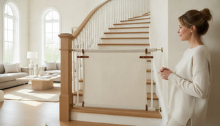 Wide neutral fabric safety gate across a bright home stairway