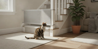 Cat gate for stairs in a bright home stairway with a cat nearby