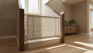 Decorative fabric dog gate installed between stair banisters