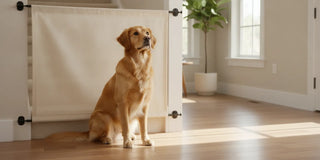 A dog waiting behind a fabric safety barrier fitted across a home stairway