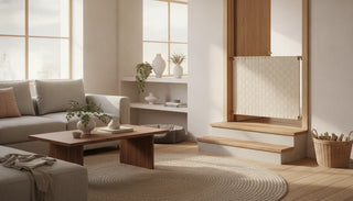 Fabric dog gate across a doorway in a stylish apartment
