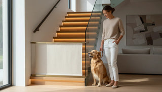 Dog beside a fabric safety gate at a modern staircase