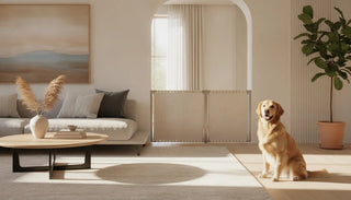 Stylish fabric indoor dog gate in a modern home