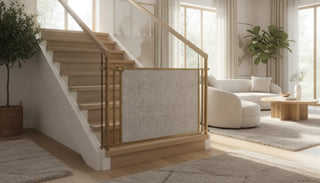 A stylish fabric safety gate on a modern staircase in a bright, design-conscious home interior