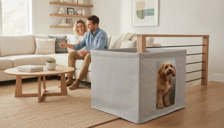 Fabric pet gate installed between a banister and a wall in a bright modern living room