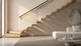 Modern neutral fabric baby gate installed between wood banisters