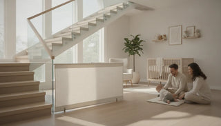 Premium fabric non toxic baby gate installed across a bright modern staircase