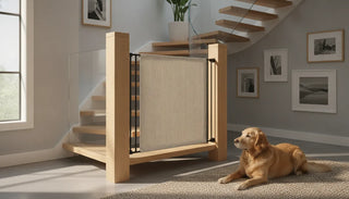 Fabric pet gate installed between staircase banisters
