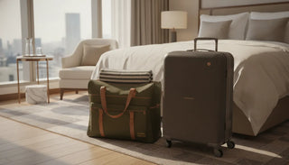 A portable baby gate for travel folded next to a suitcase in a bright room