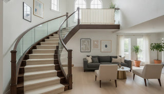 Fabric safety gate installed across a modern stair landing