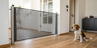 Indoor retractable dog gate with a beagle sitting behind it.