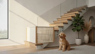 Fabric safety barrier across a modern staircase with a dog nearby