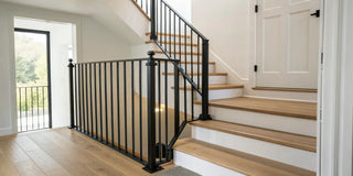 A pressure fit stair gate correctly installed at the bottom of the stairs.