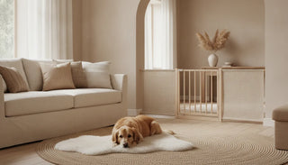 A modern fabric pet gate blending into a bright, stylish living room
