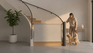 A premium light-gray fabric safety gate mounted from a wall to a banister post on a modern staircase