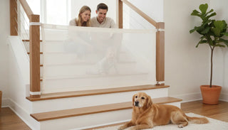 Neutral fabric washable baby gate installed between staircase banisters
