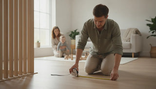 Parent measuring a stair opening before installing a baby gate
